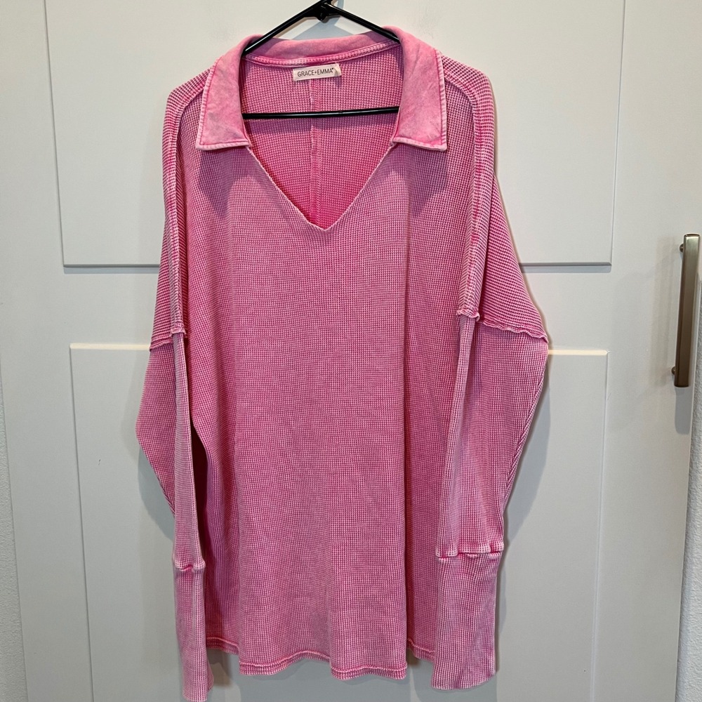 GRACE+EMMA Pink Waffle Knit Collared Long Sleeve‎ Oversized Tunic Top 2XL Themal